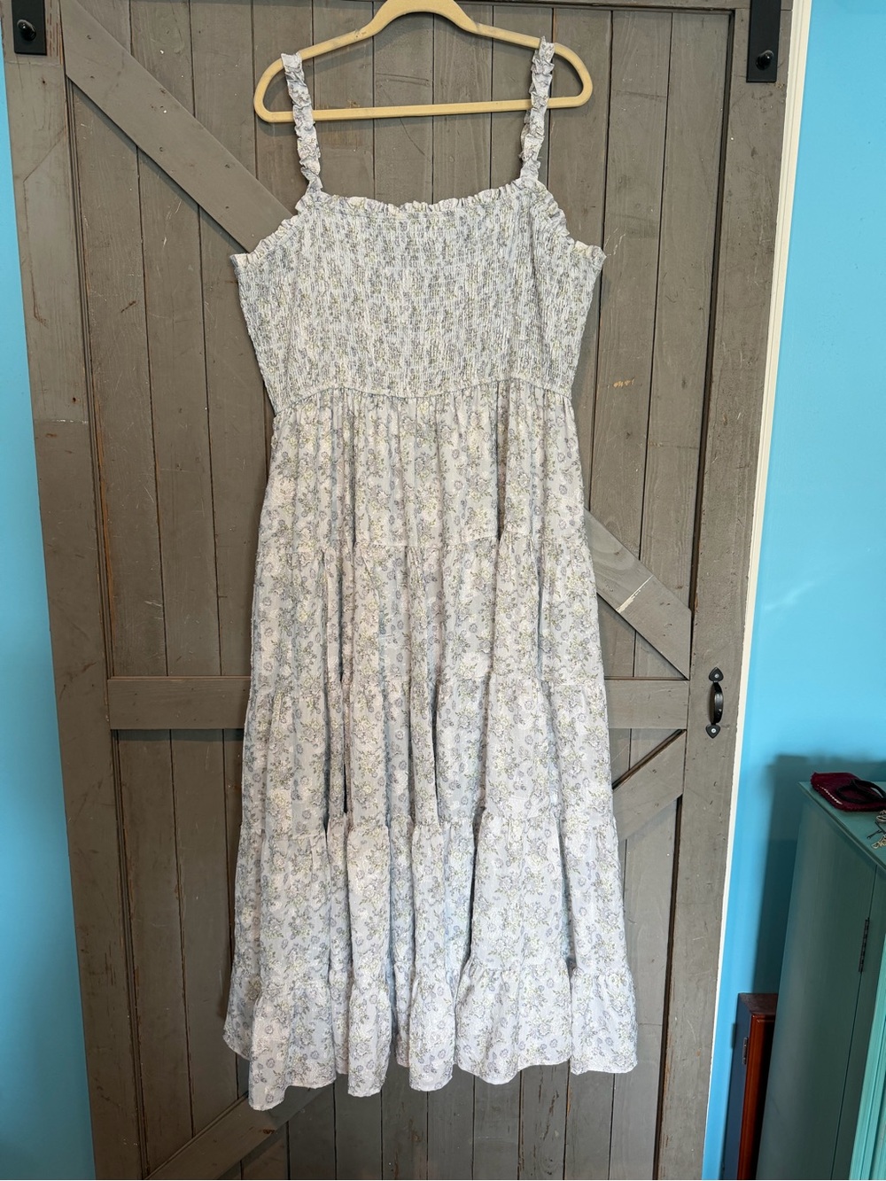 ARULA White and Light Blue Floral Tiered Maxi Dress